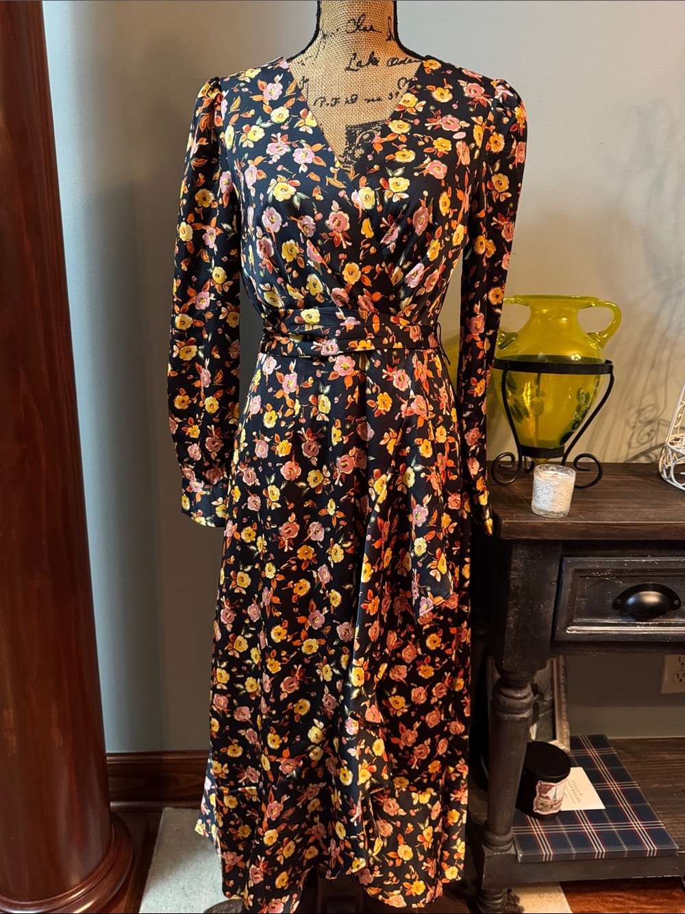 Tahari ASL Black Floral Wrap Midi Dress with Pink & Yellow Flowers